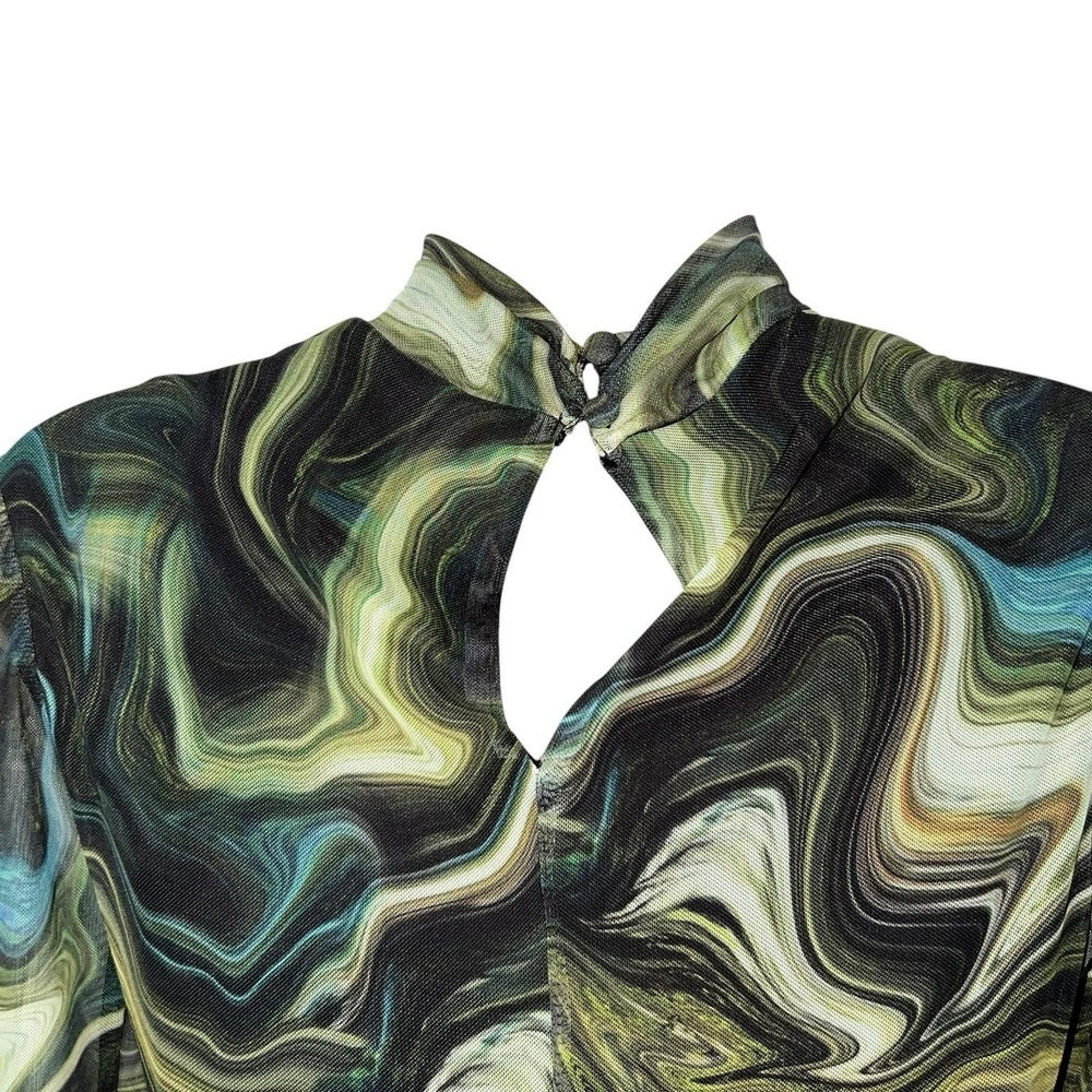 Daska Nasira Maxi‎ Dress Green Abstract Line Long Sleeve Bodycon XS Keyhole Neck - Picture 13 of 13